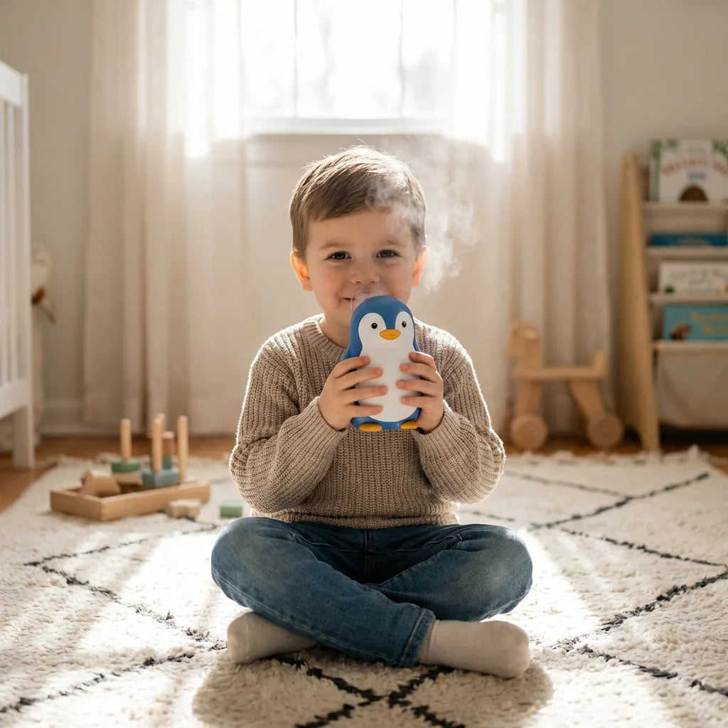 Kid-Friendly Lifestyle - Child using Penguin Portable Mesh Nebulizer