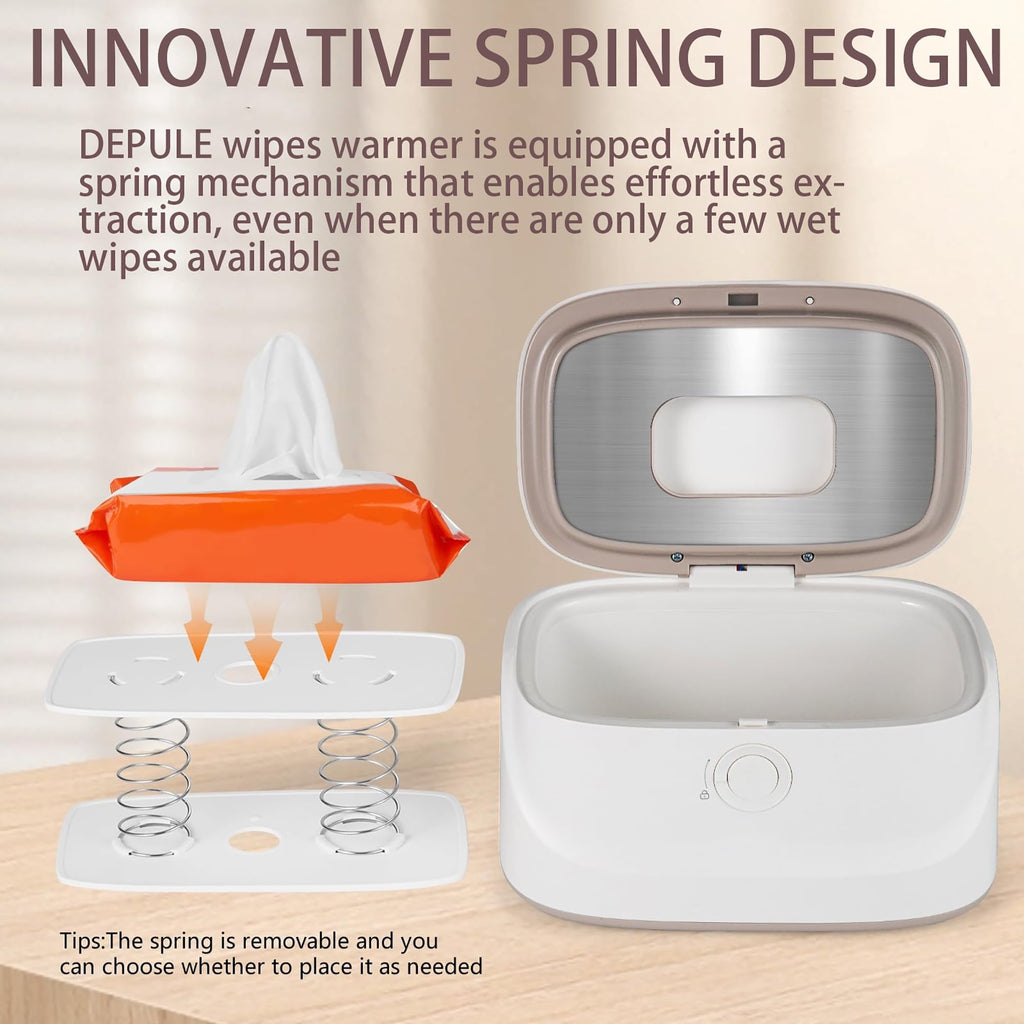 Baby Wipe Warmer with Innovative Spring & Child Lock Design, Large Capacity Wipes Dispenser, 3 Modes of Temperature Heating Control, Diaper Wipe Warmer with Night Light (White+Grey) - Portable Nebulizer Story