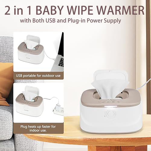 Baby Wipe Warmer with Innovative Spring & Child Lock Design, Large Capacity Wipes Dispenser, 3 Modes of Temperature Heating Control, Diaper Wipe Warmer with Night Light (White+Grey) - Portable Nebulizer Story